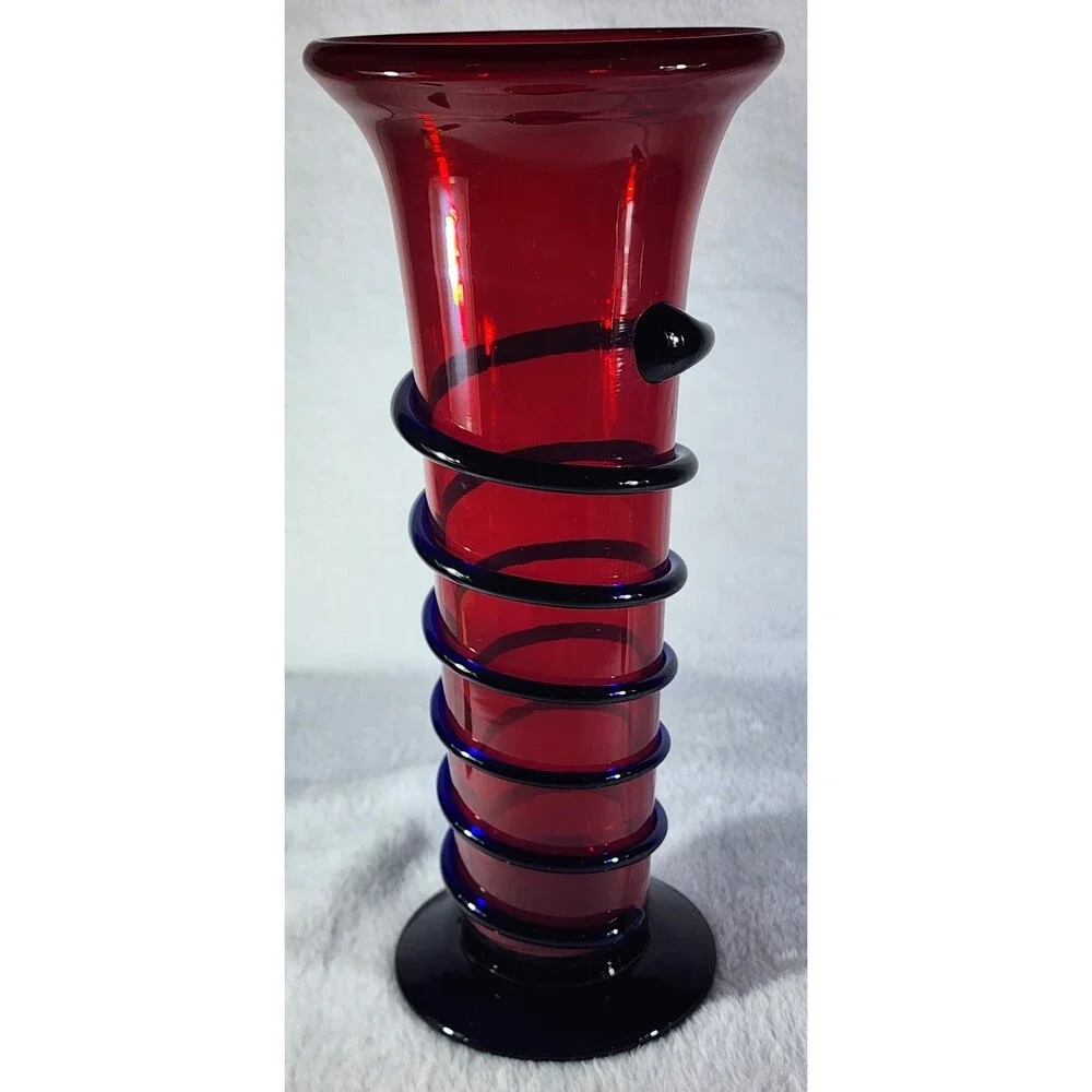 Vintage Art Deco Vase ~ Cobalt Blue SNAKE CORDING on Red Glass Decor 10.25”